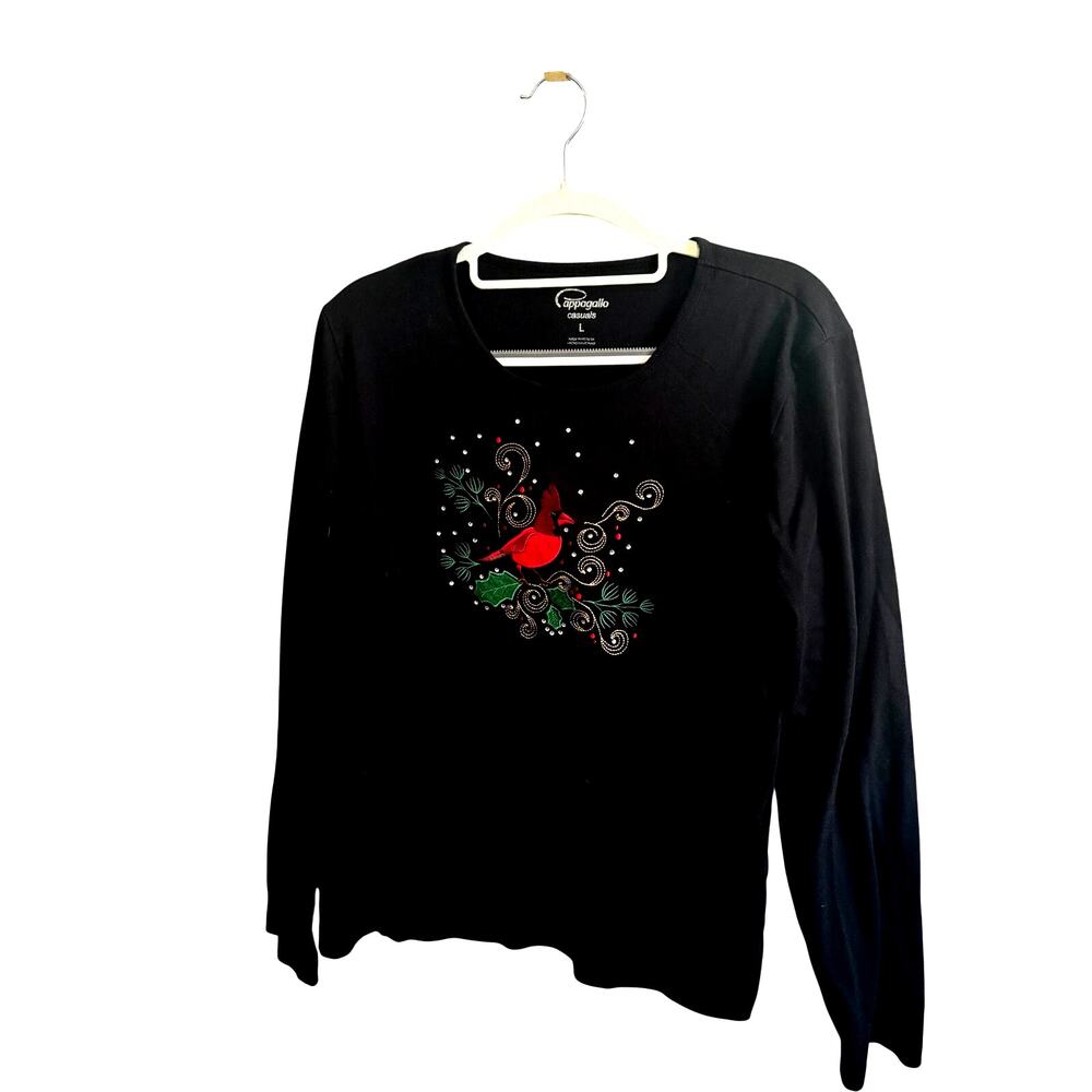 Cappagallo Casuals Womens Large Black Cardinal Christmas Top Embroidered Holiday